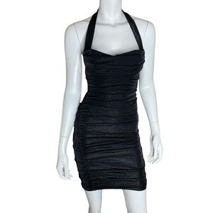 Oh Polly NWT black shimmer glitter straight neckline halter mini dress ruched 2